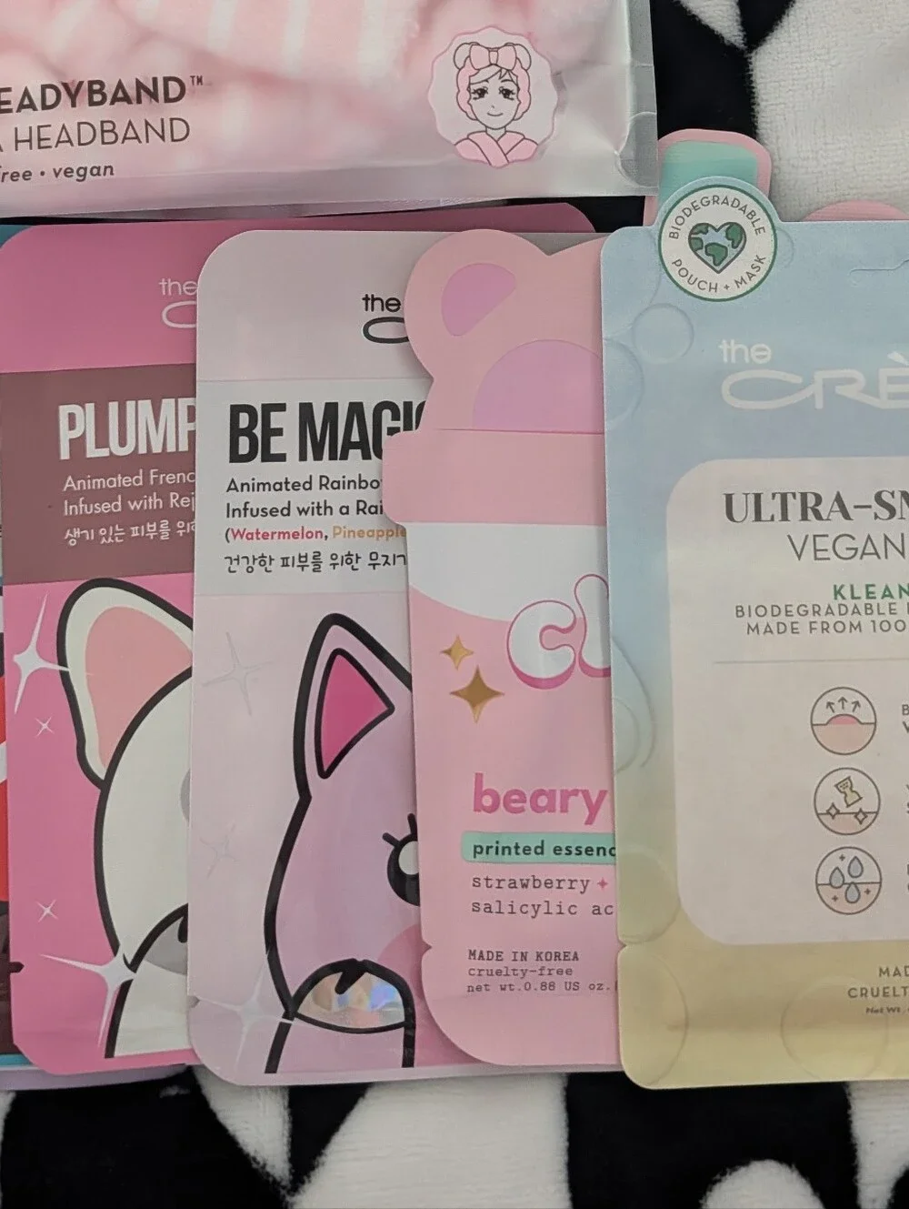 Pink Plush Bow Spa Headband & 7 Sheet Masks & 3 Under Eye Patches Selfcare Bundl